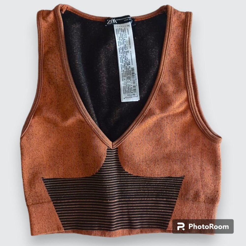 Zara Orange-Brown V-Neck Crop Tank Top w/ Black Stripes Womens XS